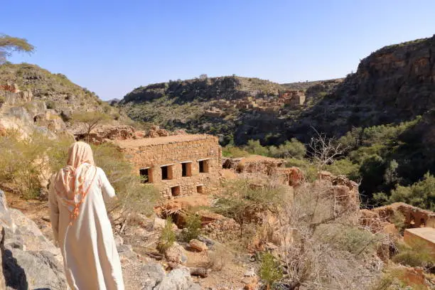 View of ruins of an abandoned village at the Wadi Bani Habib at the Jebel Akhdar mountain in the Oman