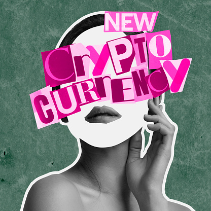 Contemporary artwork. Faceless female silhouette with new crypto currency lettering. Development of digital currency. Concept of technology, cyberspace, network, virtual money, futurism, business, ad