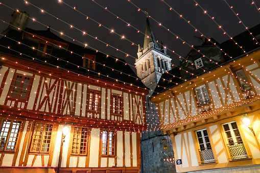 Place Henri IV with Saint-Pierre cathedral, city center of Vannes at Christmas, Morbihan, France