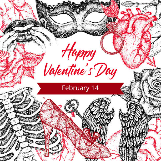 Happy Valentine Day Dotwork Poster Happy Valentine Day Dotwork Poster. Vector Illustration of Handdrawn Tattoo Sketch Concept. skeleton key tattoo stock illustrations