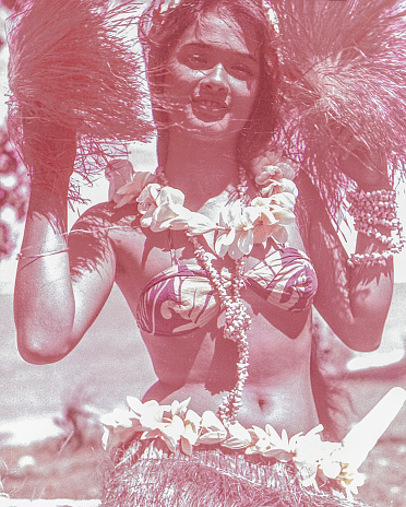 Old photos scanned, Hawaiian Hula Dancer, Honolulu cityscape and beach scenery in summer, Hawaii, USA.
