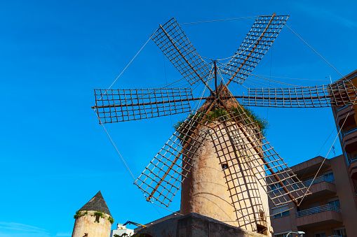 Old mill in the city . Windmills of Palma de Mallorca