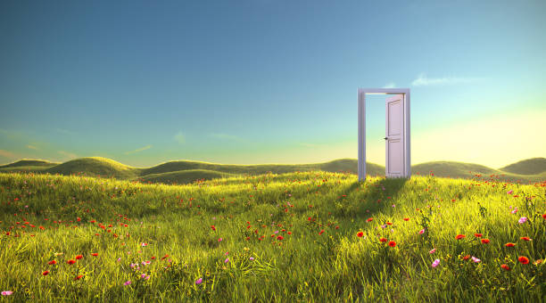 istock An open door in the meadow, 3d render 1409715560