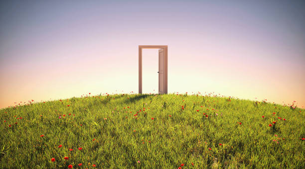 istock An open door in the meadow, 3d render 1409715602