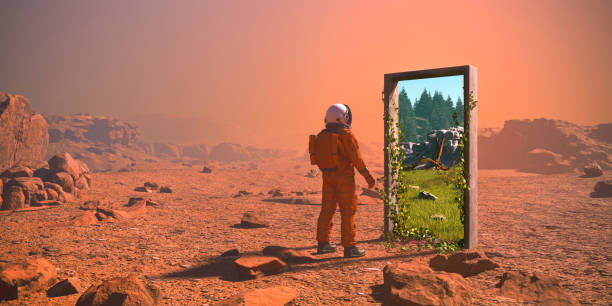 istock Astronaut on an alien planet walking through the portal, 3d render 1409715608