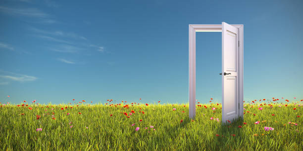 istock An open door in the meadow, 3d render 1409715612