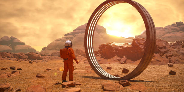 istock Astronaut on an alien planet walking through the portal, 3d render 1409715671