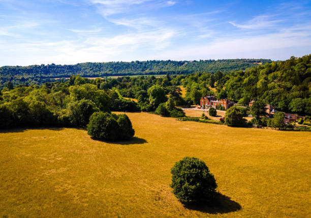 vue aérienne de box hill, un sommet des north downs dans le surrey, au sud-ouest de londres, royaume-uni - north downs scenics western europe southeast england photos et images de collection