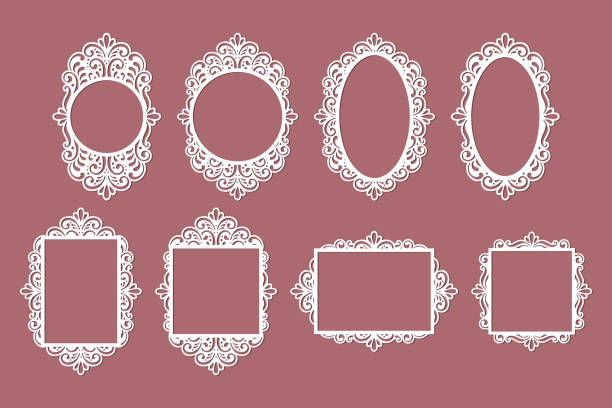 ilustrações, clipart, desenhos animados e ícones de conjunto de quadros cortados a laser; foto, imagem, modelos de moldura mirrow, elementos de decoração isolados, vetor. - lace doily frame picture frame