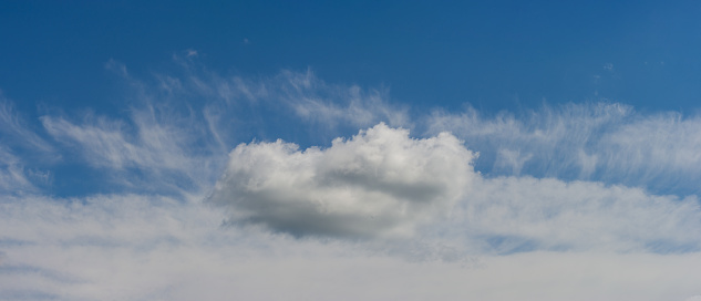Cumulus cloud on the background of stratus clouds. Natural background. Web banner.