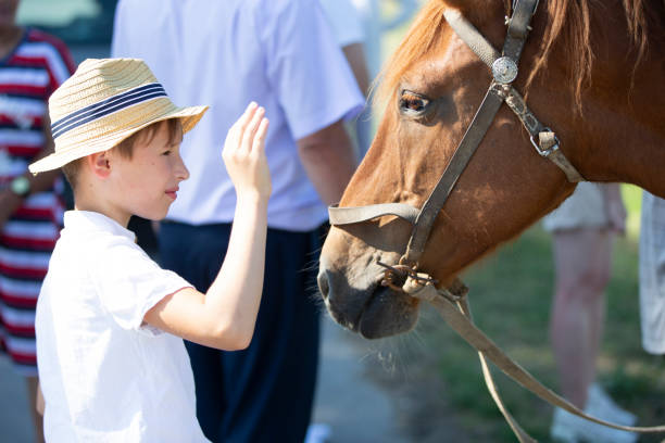 un ragazzino accarezza la faccia del cavallo. ragazzo del villaggio con un cavallo. - teaching child horseback riding horse foto e immagini stock