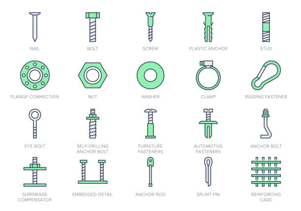 illustrations, cliparts, dessins animés et icônes de les attaches alignent les icônes. l’illustration vectorielle comprend une icône - pince, cheville en plastique, clou, épingle, écrou en fer, fixation, pictogramme de contour de boulon pour les constructions d’accouplement. couleur verte, contour mo - eye bolt