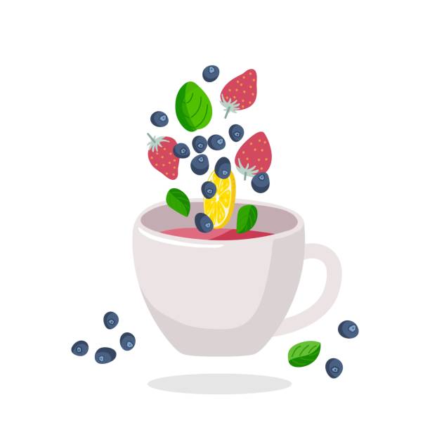 ilustrações, clipart, desenhos animados e ícones de chá vermelho de frutas com frutas em xícara no fundo branco. ilustração vetorial de menta de frutas para loja de chá, break, café-bar, festa do chá, conceito de bebidas. modelo ecológico de alimentos orgânicos - herbal tea illustrations