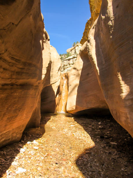 A small waterfall at the end of one of the Willis Creek slot canyons, in Southern Utah, USA, on a clear sunny day. stock photo