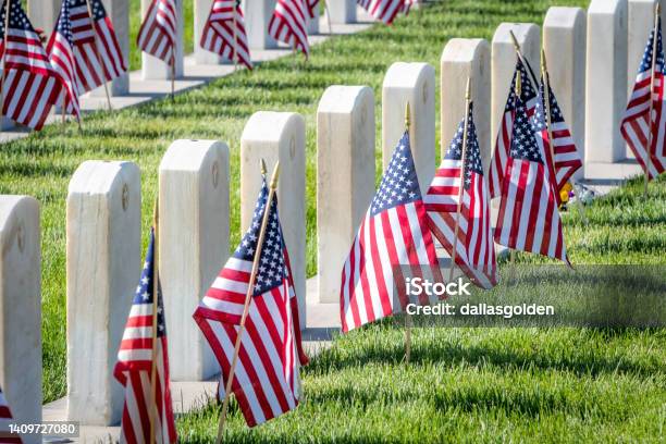 Military Headstones And Gravestones Decorated With Flags For Memorial Day Stock Photo - Download Image Now