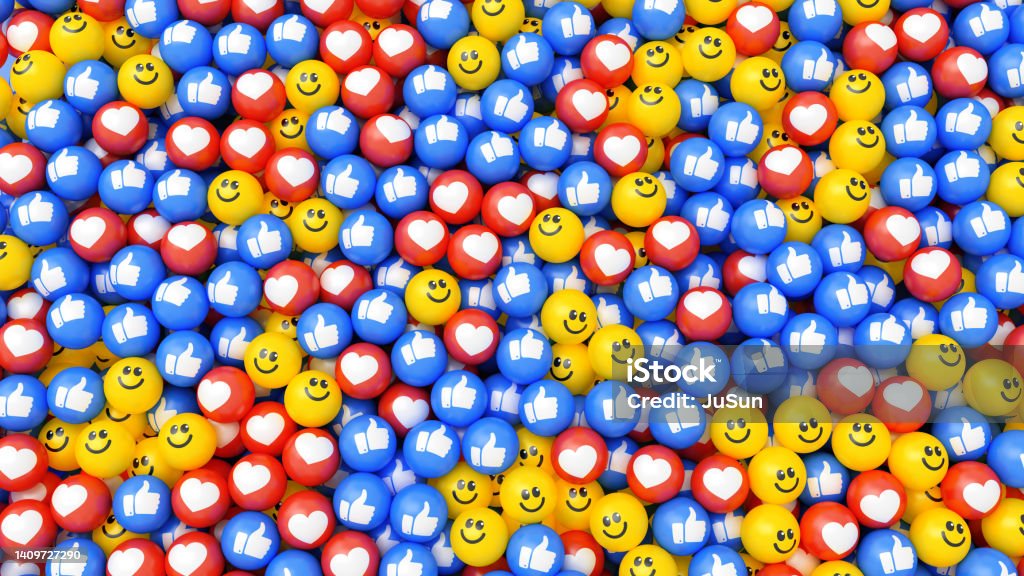 Social media icon background. Multicolor balls with smile face, heart and thumbs up symbols. Social Media Stock Photo Social media icon background. Multicolor balls with smile face, heart and thumbs up symbols. Social Media Stock Photo