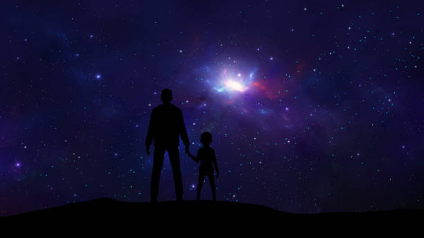 Black silhouette of father holding daughter with colorful nebula and stars in space. Parent concept, digital illustration, 3D rendering stock photo