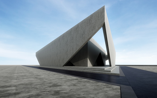 3d rendering of abstract building with blue sky background.
