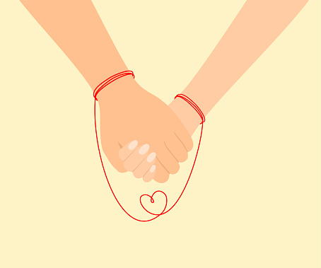The couple is holding hands, connected by the red thread of fate. Vector illustration