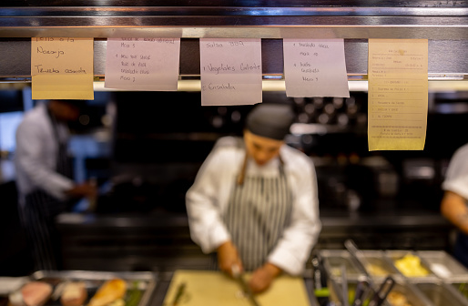 Line of order tickets at a commercial kitchen - food and drink establishment concepts