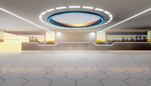 istock 3d rendering of empty space inside futuristic showroom, spaceship, hall or studio in perspective view. 1409732364