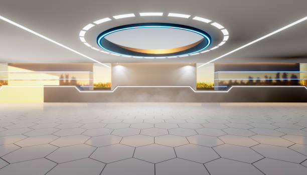 3d rendering of empty space inside futuristic showroom, spaceship, hall or studio in perspective view. 3d rendering of empty space inside futuristic showroom, spaceship, hall or studio in perspective view. Include ceiling, hidden light, white tile floor, shelf and counter. Modern background design of future and technology. publicity event stock pictures, royalty-free photos & images