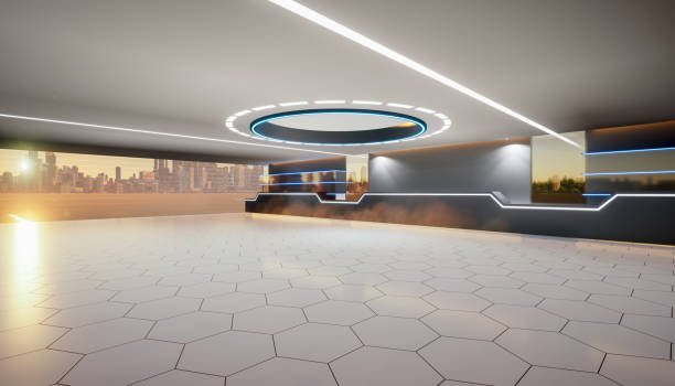 istock 3d rendering of empty space inside futuristic showroom, spaceship, hall or studio in perspective view. 1409732371