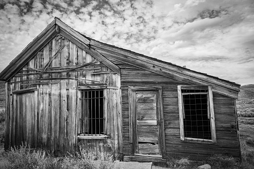 The historic wooden jail in Bodie ghost town.