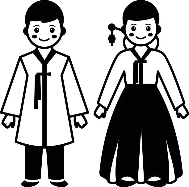 Vector illustration of formal wear Hanbok vector icon design, World Indigenous Peoples symbol, characters in casual clothes Sign, traditional dress stock illustration, Korean couple standing together Concept