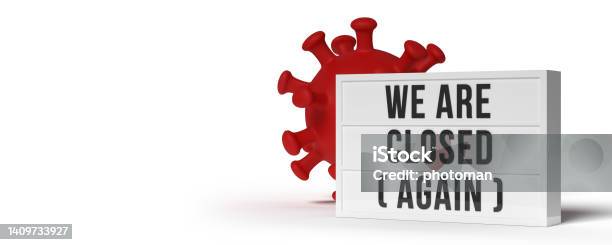 We Are Closed Text Box And Covid19 Virus Cell On White Background Copy Space Stock Photo - Download Image Now