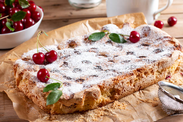 istock Sponge cake with cherries on a table, selective focus. Homemade cake 1409734560