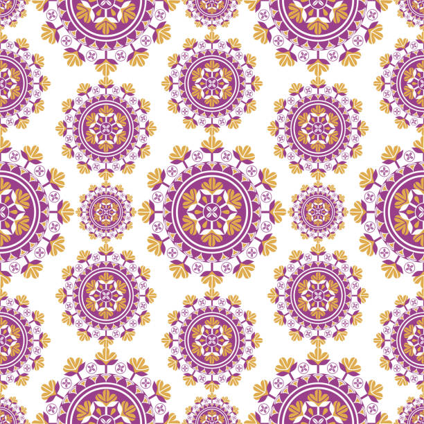 Colorful ethnic flower random shape seamless pattern Vector colorful yellow-purple ethnic circle flower random shape seamless pattern background. Use for fabric, textile, interior decoration elements, upholstery, wrapping. chinese tapestry stock illustrations