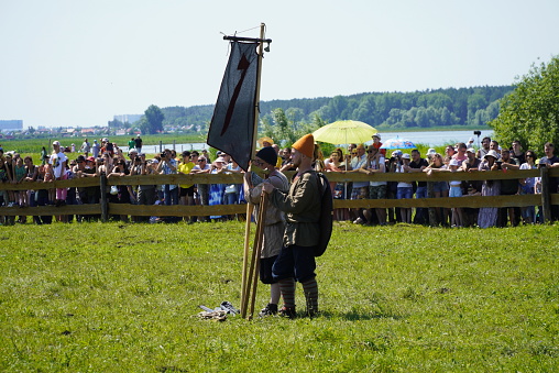Ulyanovsk, Russia - July 16, 2022: historical Festival (The Great Volga Way). Historical reconstruction. Ancient people. Middle Ages. Reconstruction of ancient battles and everyday life.