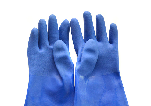 Hands in blue medical gloves showing a gesture of save. White background, copy space for the text