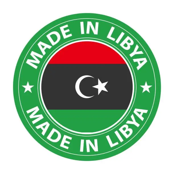 Vector illustration of Made in Libya badge vector. Sticker with stars and national flag. Sign isolated on white background.