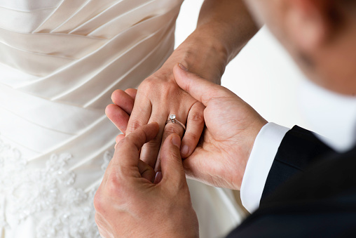 Bride, groom and wedding ring.