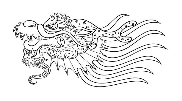 Vector illustration of Fictional dragon stylized in Chinese style. Chinese dragon head. Vector contour illustration isolated on white.