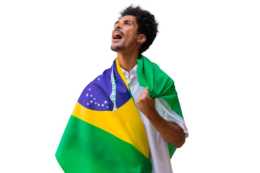 Brazil Independence Day. Black man holds Brazilian flag isolated.