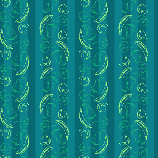 Fruit linear abstract seamless pattern in flat style. Freehand drawings of apples, pears and bananas on a colored striped background. Creative design for banners, greeting cards. Graphic vector illustration in EPS format green apple on green background stock illustrations