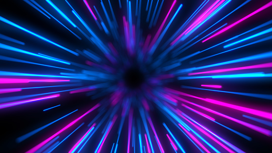 Glowing neon energy lines. Abstract network background. Global Communications and Big Data technology. Hyperspeed and virtual reality jump. 3d illustration.