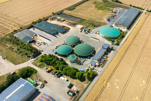 istock Biogas plant and agricultural area - aerial view 1409745607