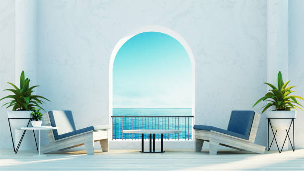 beach luxury outdoor living - santorini island style - 3d rendering - santorini greece villa beach foto e immagini stock