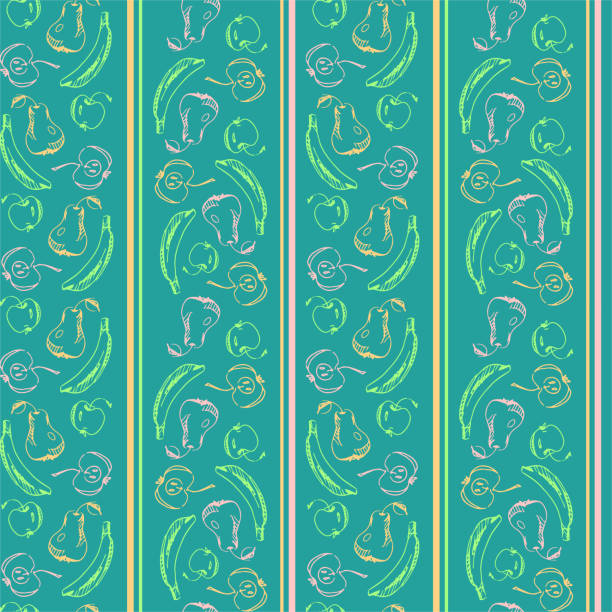 Fruit linear abstract seamless pattern in flat style. Freehand drawings of apples, pears and bananas on a colored striped background. Creative design for banners, greeting cards. Graphic vector illustration in EPS format green apple on green background stock illustrations