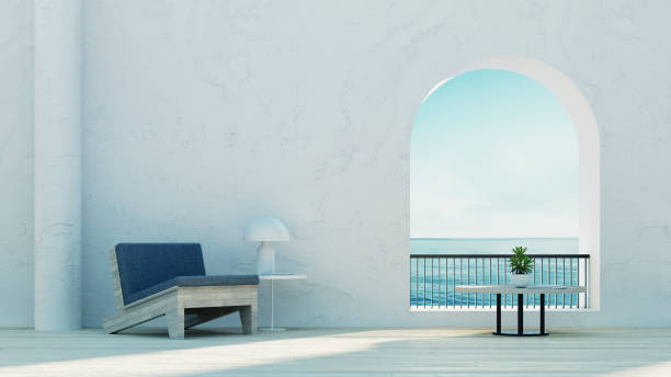 beach luxury outdoor living - santorini island style - 3d rendering - santorini door sea gate bildbanksfoton och bilder