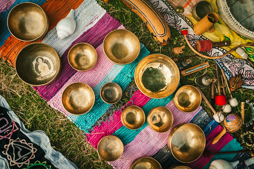 Variety of Tibetan singing bowls. Zen music instruments.