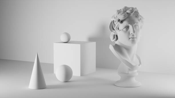 istock classical installation still life, with antique sculpture triton head, and simple geometric shapes, ball, cube, pyramid, in white 1409747666