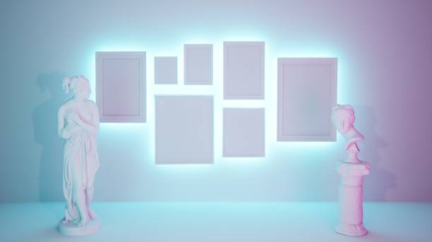 istock modern gallery with antique sculpture and empty frames on the walls, contemporary double lighting, frame mock up 1409747667