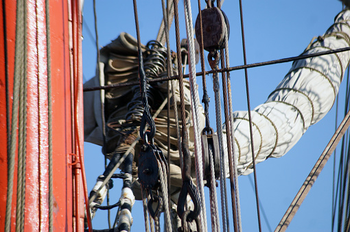 Riggings on an old ketch, pulls, and ropes