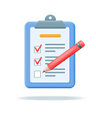 istock Red pencil and clipboard with checklist or document. 3d Test form with check marks and stripes. 1409749371