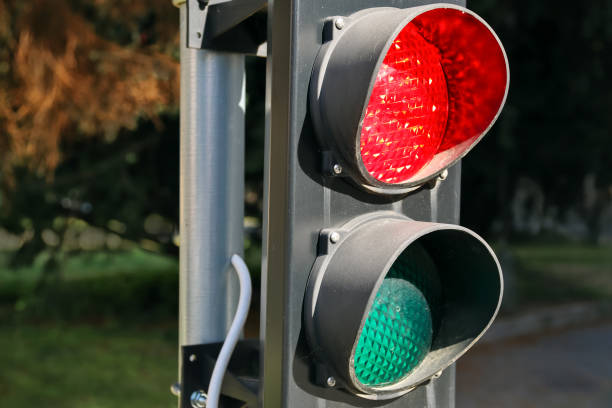 istock Red and green traffic lights close-up 1409749393